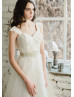 Cap Sleeve Ivory Lace Tulle Wedding Dress With Beaded Ribbon